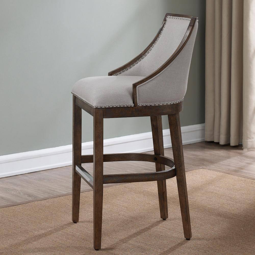 Elegant Transitional Driftwood Brown Bar Stool with Beige Fabric