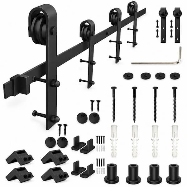 12 ft./144 in. Frosted Black Sliding Barn Door Hardware Track Kit for Double Doors with Non-Routed Floor Guide