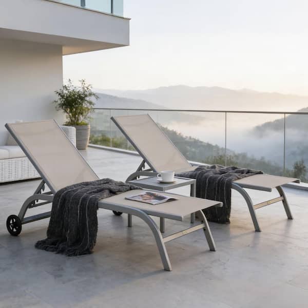 3-Piece Khaki Metal Outdoor Lounge Chair and Table