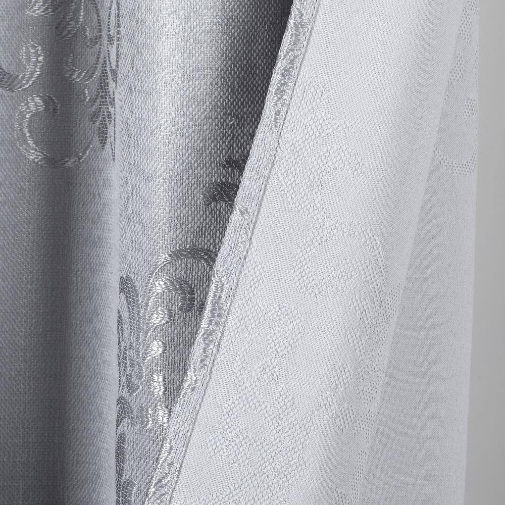 Silver Satin Embroidered Damask Shower Curtain with Liner