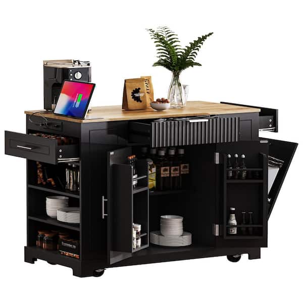 Unbranded Black Wood 42-inch Movable Fluted Kitchen Cart