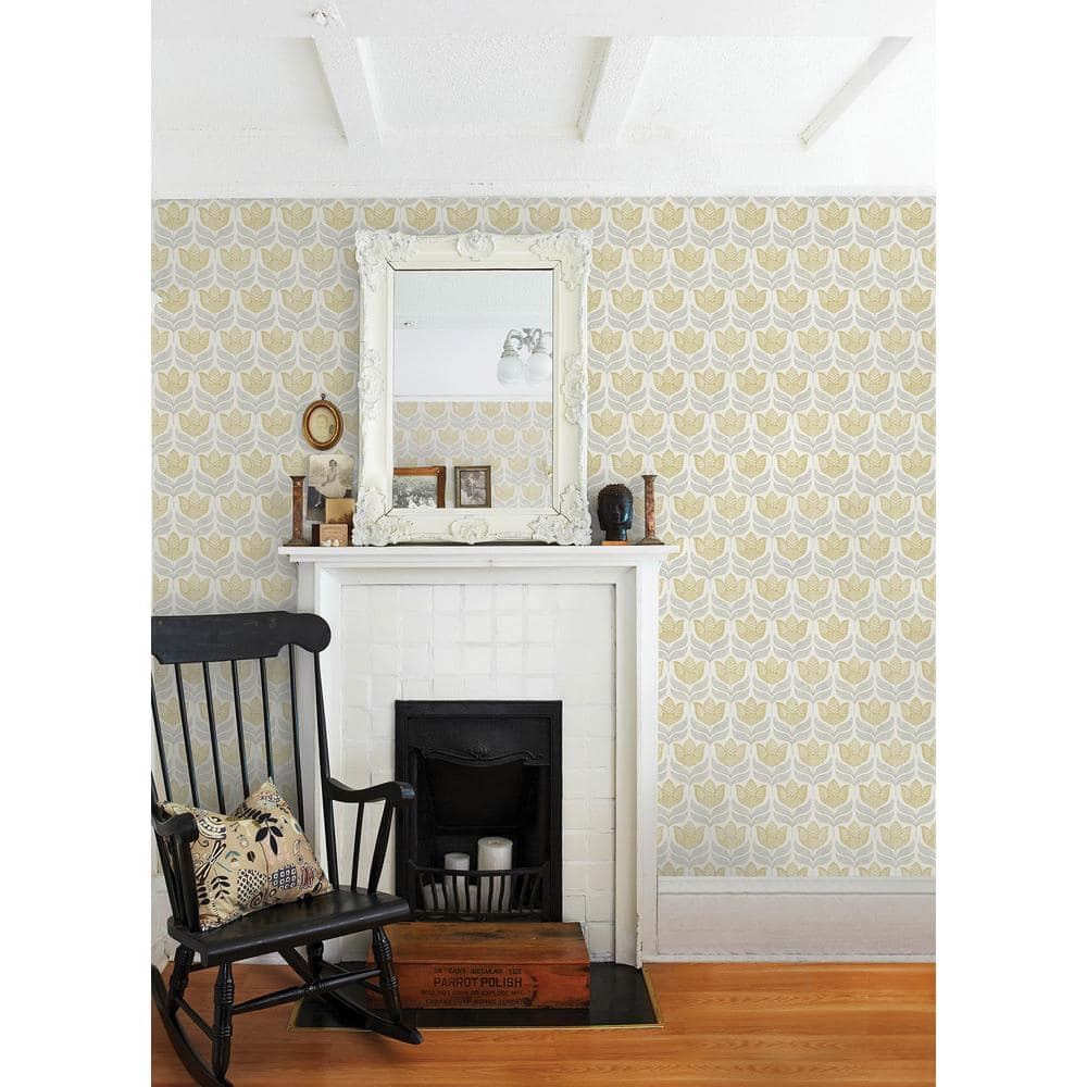 Mustard and Grey Tulip Block Print Wallpaper, 20.5-in by 33-ft