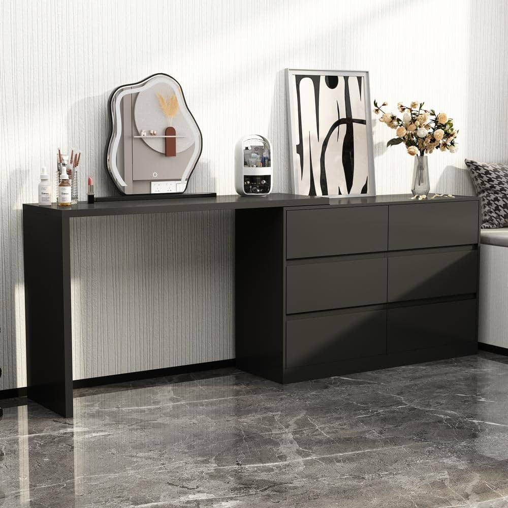 FUFU&GAGA 6-Drawer L-Shaped Dresser in Black with Rotatable Desk 47.2 in. W  x 51.2 in. D x 32.7 in. H KF260058-02 - The Home Depot
