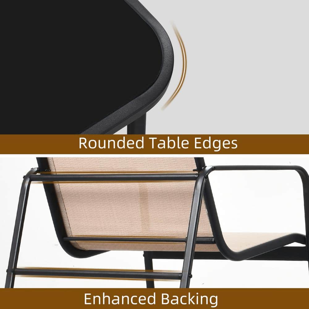 Khaki and Black Iron 4-Piece Patio Bistro Set with Glass Table
