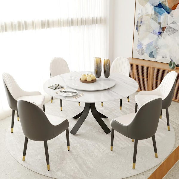 Magic Home 70.87 in. Pandora Sintered Stone Tabletop Bottom V Gunmetal Gray Pedestal Base Dining Table (Seats 6)