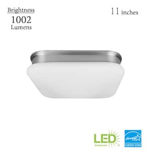 Staniford 11 in. Light Brushed Nickel Adjustable CCT Integrated LED Square Flush Mount with Glass Shade
