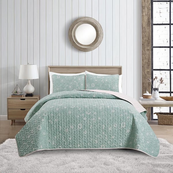 VIDERI HOME Sketched Floral Green Full/Queen Microfiber Quilt Set