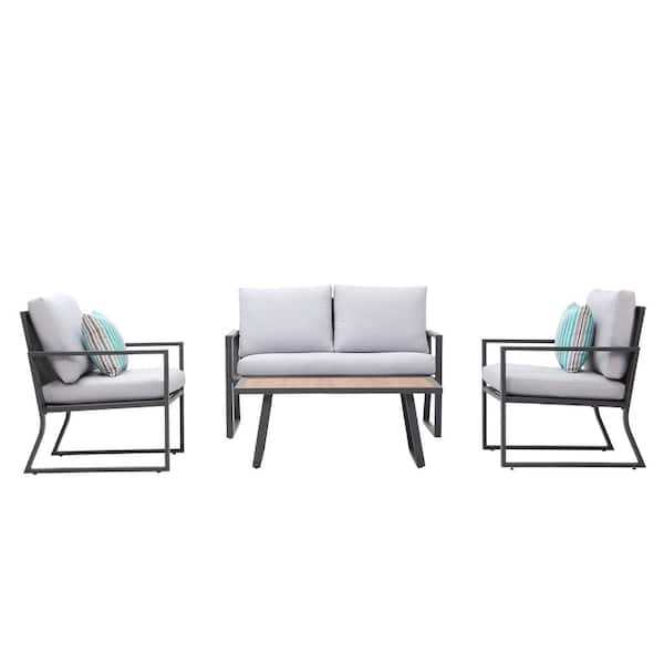 Cesicia 4-Piece Metal Outdoor Patio Conversation Set Seating Group with Grey Cushions