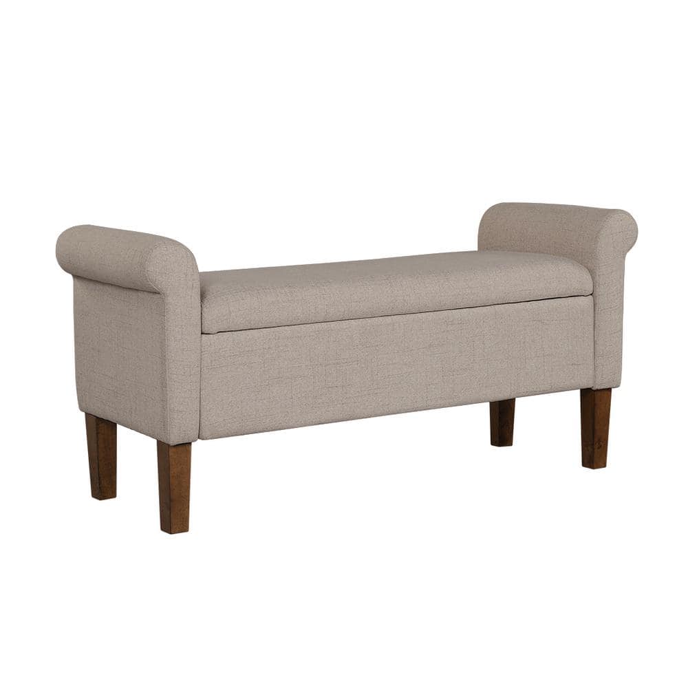 Cream Upholstered Storage Bench with Rolled Armrests