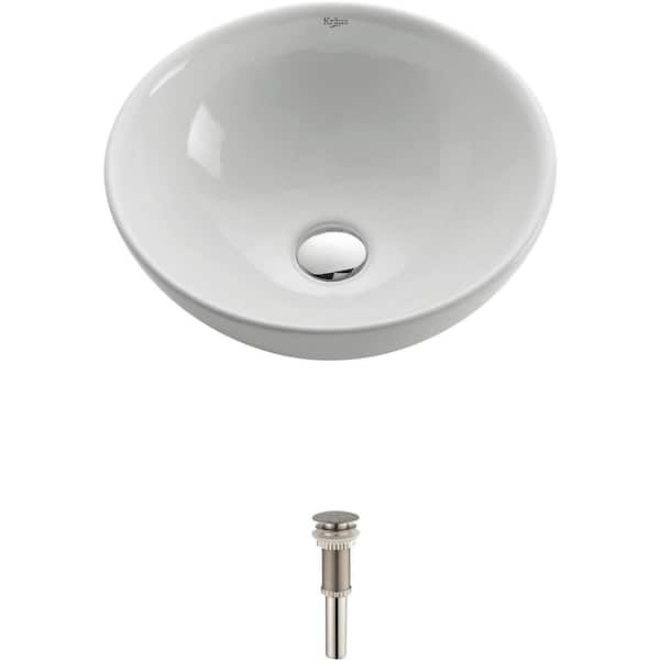 KRAUS Soft Round Ceramic Vessel Bathroom Sink in White with Pop Up Drain in Satin Nickel