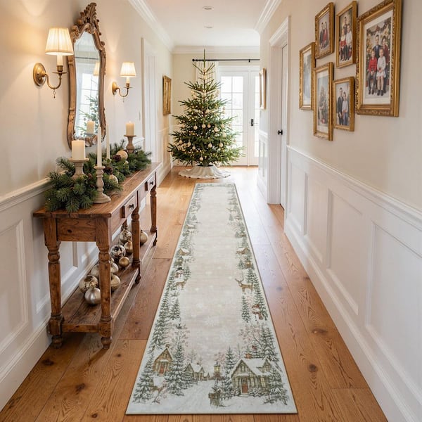 Snowy Village 2 X 10 Red Christmas Washable Area Rug Runner Rug