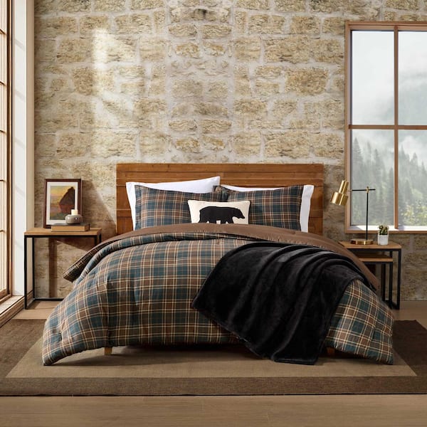 Huntley Plaid 3-Piece Brown/Grey/Beige Microfiber Full/Queen Comforter Set