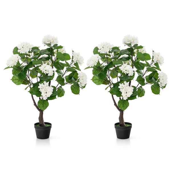3.5 ft. Artificial Hydrangea Tree Fake Floral Plant with 11 White Flowers in Pot for In-Outdoor Decor