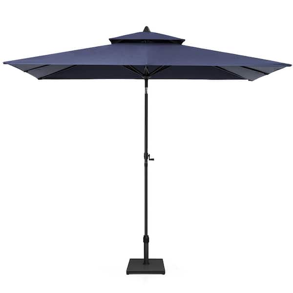 10 ft. x 6.5 ft. Rectangular Metal Market Crank and Tilt Patio Umbrella in Navy with 43 lbs. Square Concrete Base