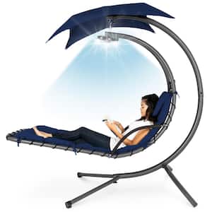 Metal Hanging LED-Lit Curved Outdoor Chaise Lounge with Pillow, Navy Blue Cushions