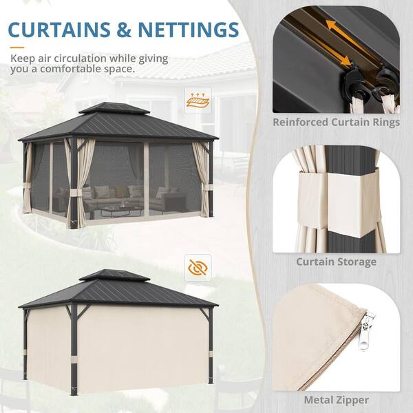 10x14 FT Hardtop Gazebo With Netting & Curtains - Aluminum & Steel Roof, Outdoor Canopy For Backyard, Parties, Weddings
