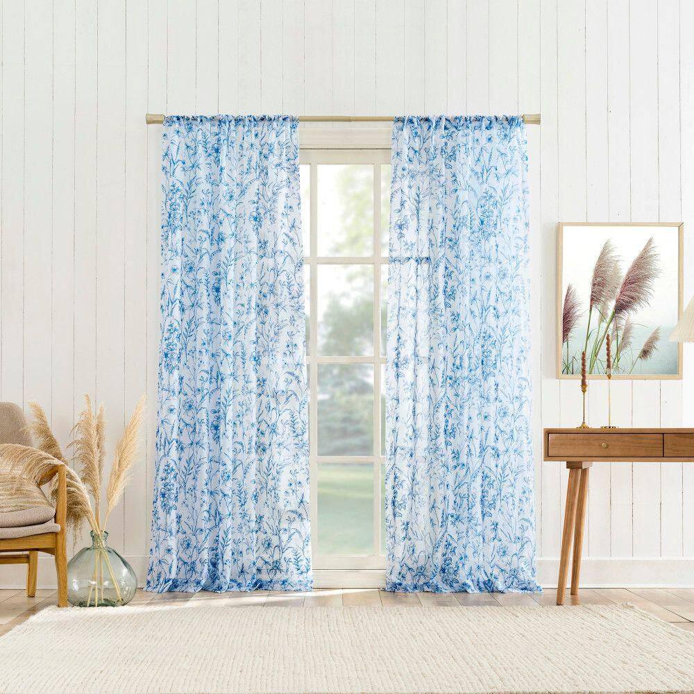 Chinoiserie Blue Sheer Floral Rod Pocket Curtain Panel