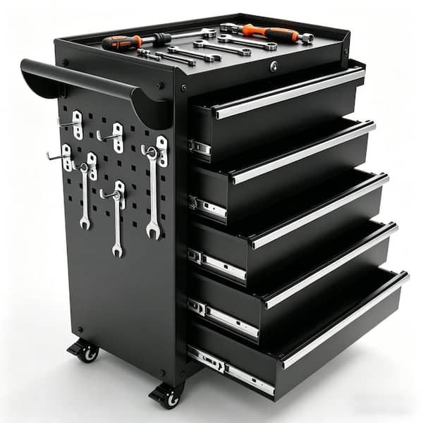 Tool Storage 24 in. D x 13 in. W 5-Drawer Black Iron Rolling Side Tool Cabinets and Tool Carts