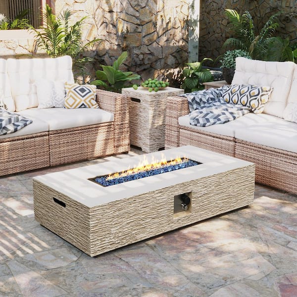 56 in. 50000BTU Outdoor Beige Rectangle Magnesium Oxide Fire Pit Table with Propane Tank Cover