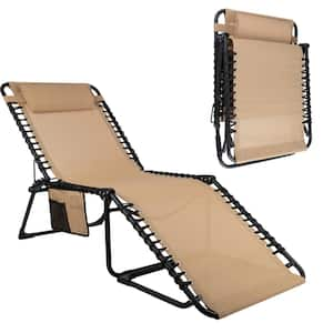 Lounge Chair Outdoor Furniture-Outdoor Textilene and Metal Folding Chaise Lounge Chair with Pocket and Pillow, Beige