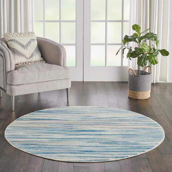 Jubilant Teal Blue 5 ft. x 5 ft. Moroccan Farmhouse Round Area Rug