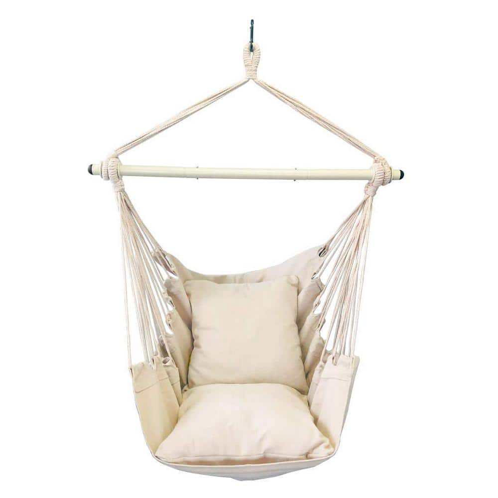 Bathonly Hammock Chair with Foot Rest, Sky Chair with Metal Bar, Hanging  Chair Outdoor with Side Pouch, Supportive Pillow, Max 330 LBS Capacity,  Beige