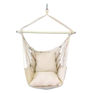 Hammock Chair Hanging Rope Swing - Max 500 lbs. 2-Cushions Included - Steel Spreader Bar with Anti-Slip Rings (Beige)