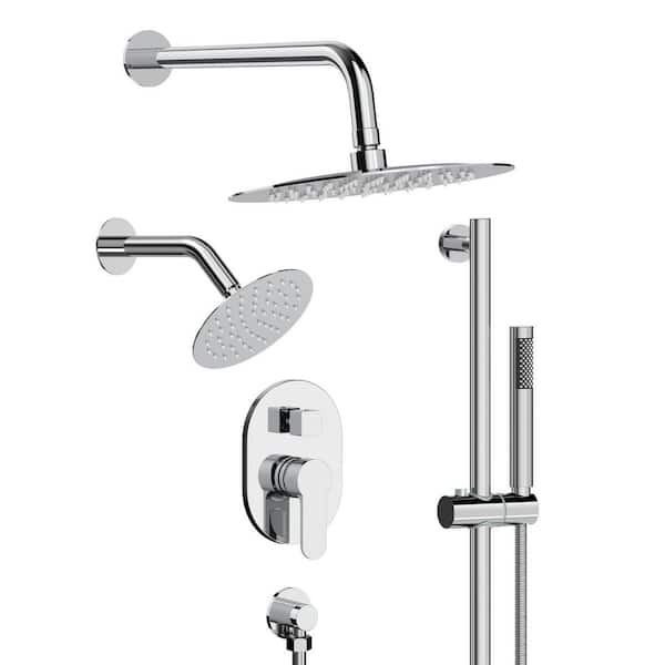 YAWWALK 3-Spray Wall Mounted 10 and 6 in. Dual Shower Head and Handheld Shower Head 2.5 GPM in Chrome (Valve Included)