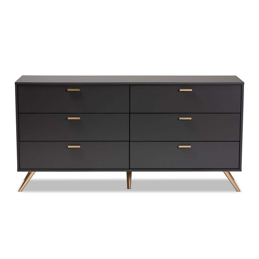 Baxton Studio Kelson 6-Drawer Dark Grey and Gold Dresser 30.5 in. H x ...