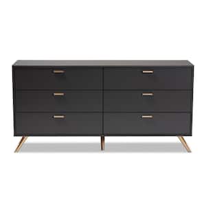 Kelson 6-Drawer Dark Grey and Gold Dresser 30.5 in. H x 61.5 in. W x 15.75 in. D