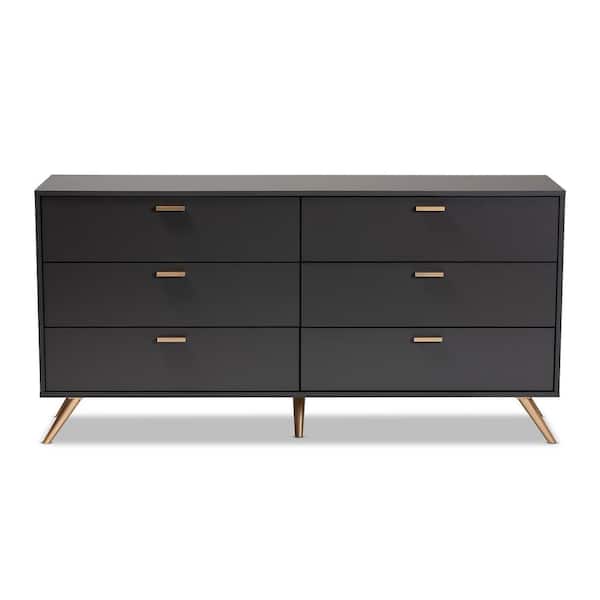 Baxton Studio Kelson 6-Drawer Dark Grey and Gold Dresser 30.5 in. H x 61.5 in. W x 15.75 in. D
