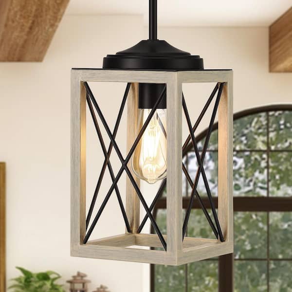60-Watt 1-Light Farmhouse Pendant Light with Cream Wooden Grain Finish Shade, No Bulbs Included