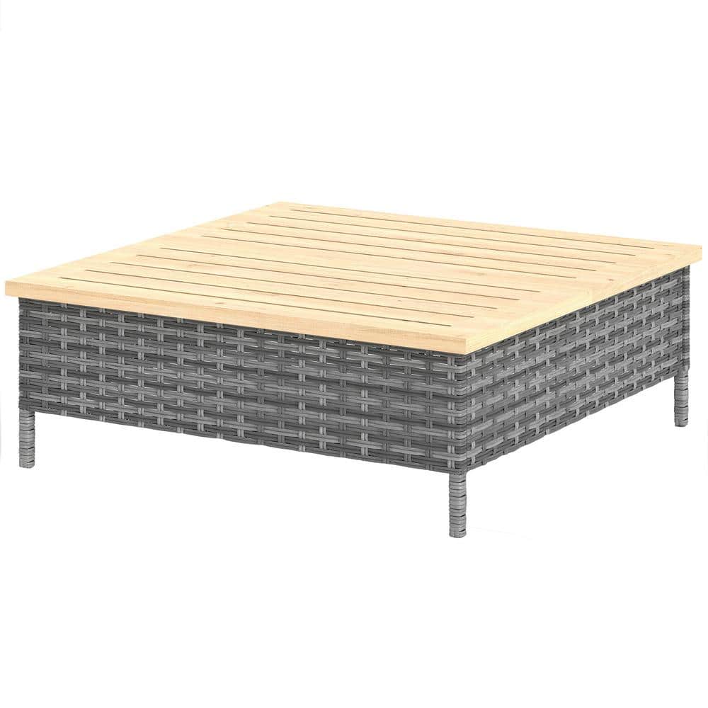 Square Wood Wicker 9.8 in. H Outdoor Side Table, Patio End Table with Wood 