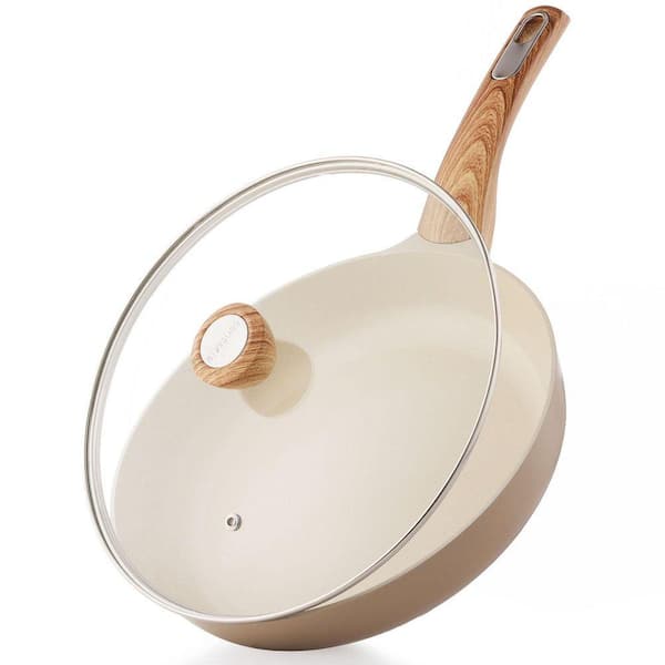 Ceramic Saute Pan 11 in. Taupe Cast Aluminum Nonstick Surface Induction Compatible Kitchen Pan with Lid