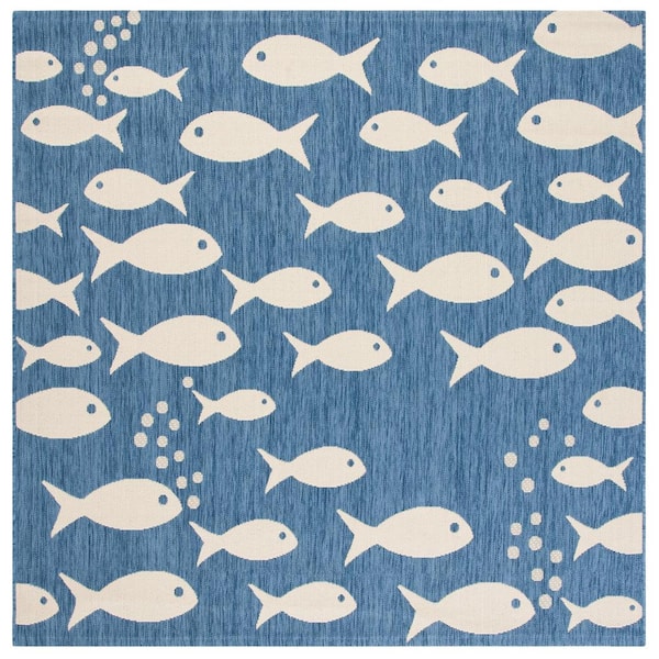 Courtyard Blue/Beige 8 ft. x 8 ft. Novelty Fish Indoor/Outdoor Patio  Square Area Rug