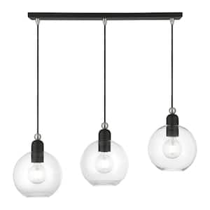 Downtown 3-Light Black Linear Chandelier with Brushed Nickel Accents and Clear Sphere Glass