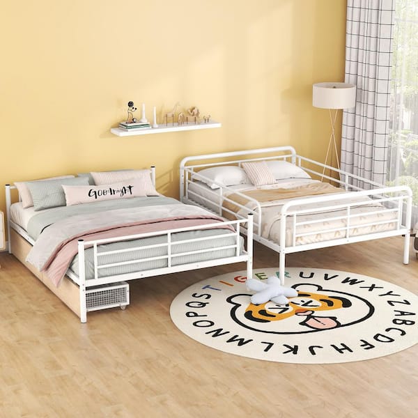 White Full XL Over Queen Metal Bunk Bed with 2-Drawers