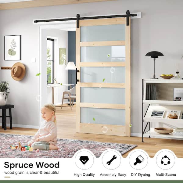 42 in. x 84 in. 5 Lite Frosted Glass Spruce Finished Sliding Sliding Barn Door with Hardware Kit