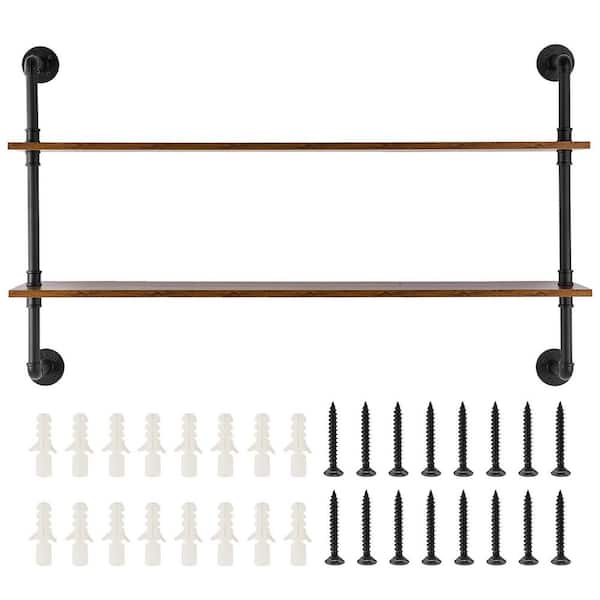 10.24 in. W x 49.02 in. D Black Wood Solid Decorative Wall Shelf, Industrial Pipe Shelf, Wall-Mount Rustic Shelves