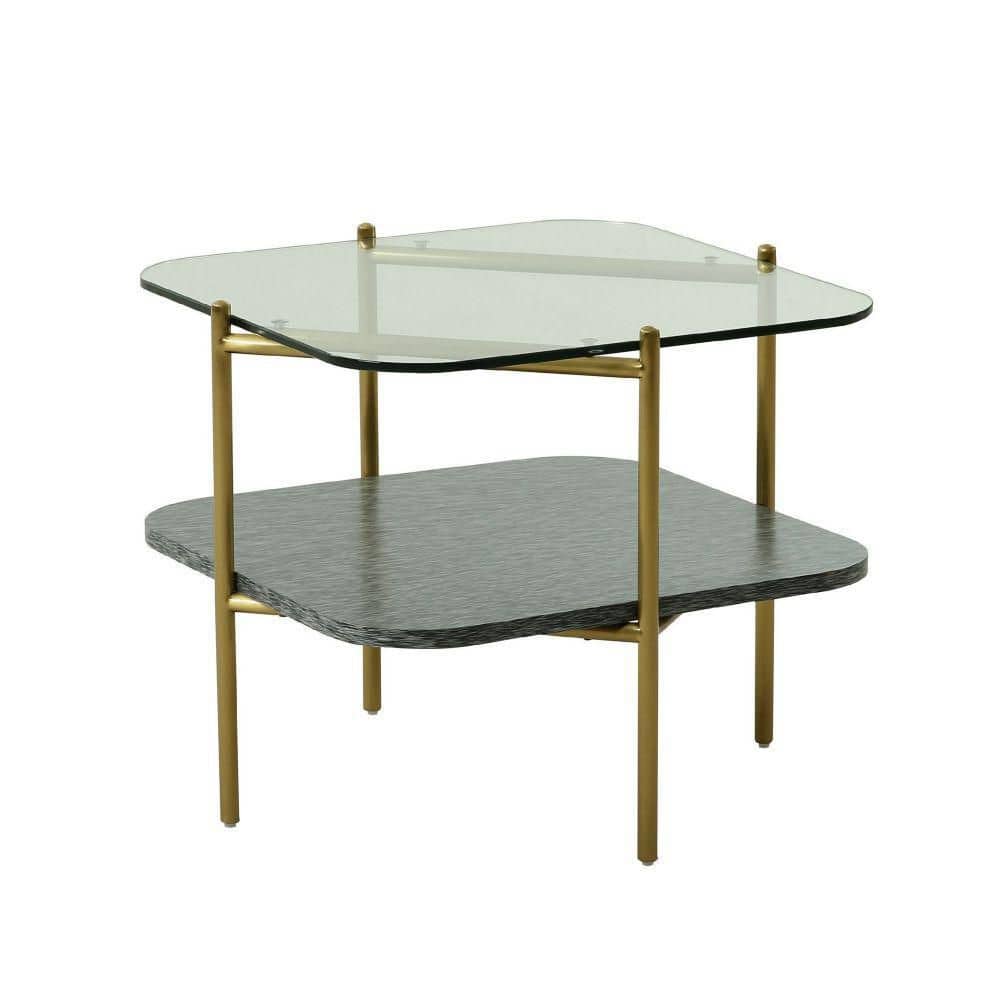 Benjara 23.6 in. Gray and Gold Modern 2Tier Square Glass Top End Table with Metal Legs BM279686
