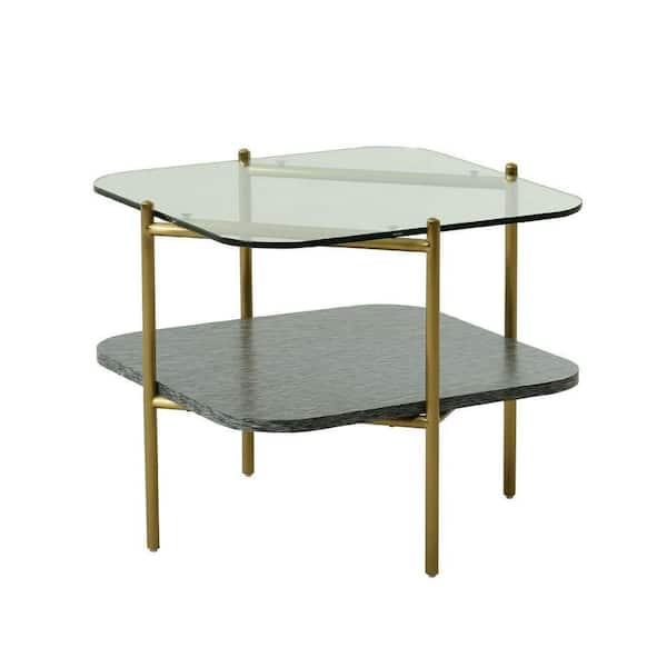 Benjara 23.6 in. Gray and Gold Modern 2-Tier Square Glass Top End Table with Metal Legs