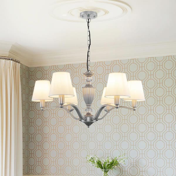 6-Light Wrought Iron Medieval Chandelier for Dining Living Room Pendant Light in Silver with White Fabric Shade