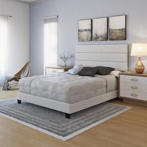 Piedmont Upholstered Faux Leather Tri Panel Channel Headboard Platform Bed Frame, Full, White