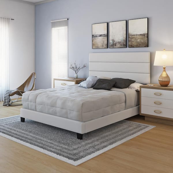 Boyd Sleep Piedmont Upholstered Faux Leather Tri Panel Channel Headboard Platform Bed Frame, Full, White