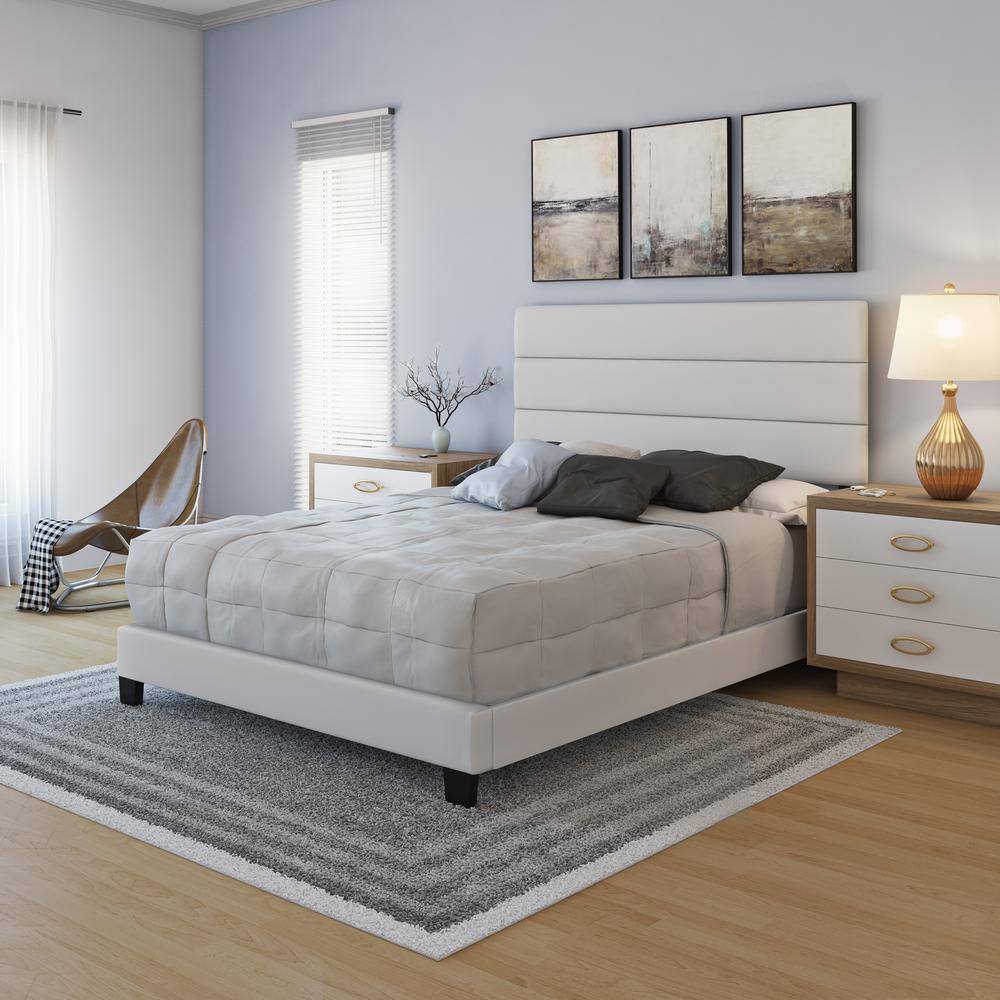 Twin White Faux Leather Upholstered Platform Bed with Tri-Panel Headboard