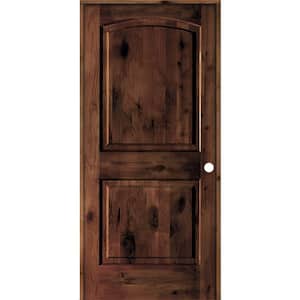 32 in. x 80 in. Knotty Alder 2-Panel Left-Handed Red Mahogany Stain Wood Single Prehung Interior Door with Arch Top