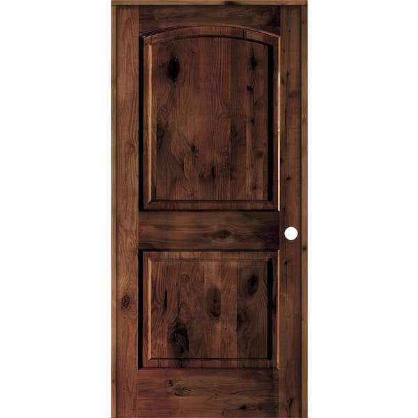 Krosswood Doors 28 in. x 80 in. Rustic Knotty Alder 2-Panel Left Handed Red Mahogany Stain Wood Single Prehung Interior Door w/Arch Top