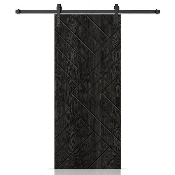 CALHOME 30 in. x 84 in. Chevron Arrow Hollow Core Charcoal Black Oak Veneer Composite Interior Sliding Barn Door w/ Hardware Kit