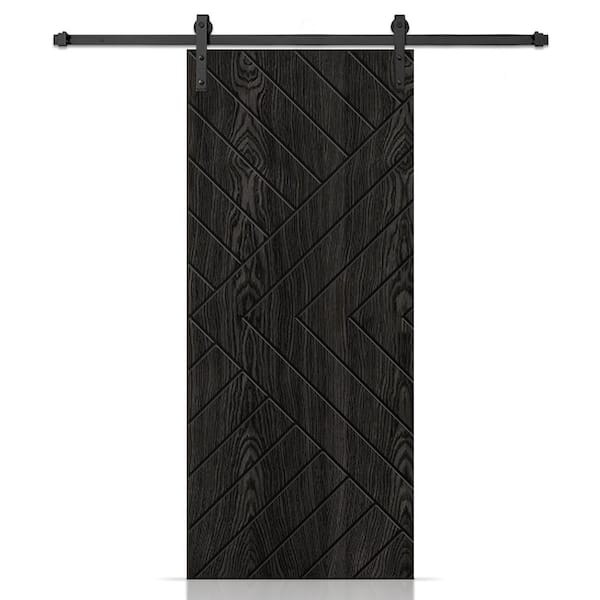 CALHOME 36 in. x 84 in. Chevron Arrow Hollow Core Charcoal Black Oak Veneer Composite Interior Sliding Barn Door w/ Hardware Kit