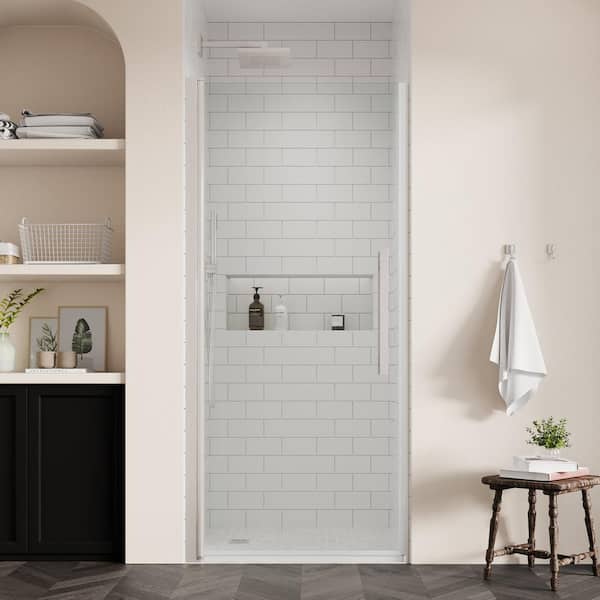 OVE Decors Pasadena 33 in. W x 72 in. H Pivot Frameless Shower Door in Satin Nickel